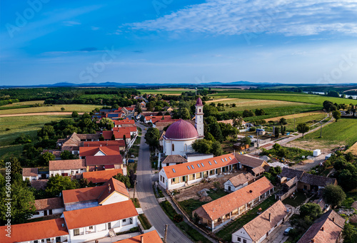 Aerial cityscape about Palkonya village. This beautiful small village is famous by local  Palkonya's palinka. Palinka is a famous Hungarian local short alcoholic drink. photo