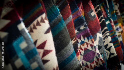 Close-Up of assorted Native American Textiles hanging side by side