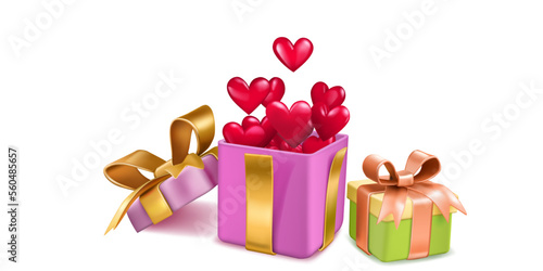 Valentine's Day illustration with colored gift boxes tied with ribbons with a bows, and a lot of red hearts flying out of open box, on white background