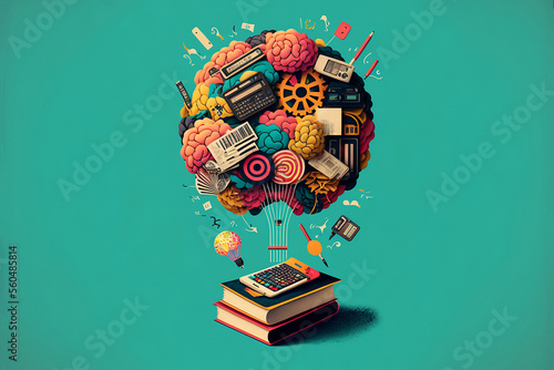 Generative AI illustration of conceptual art of some books on a turquoise green background from which various objects come out forming a globe representing the various human and scientific knowledge