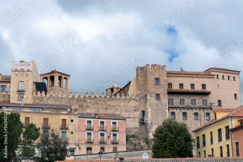 Segovia, España. April 28, 2022: Famous Segovia walls and architecture view.