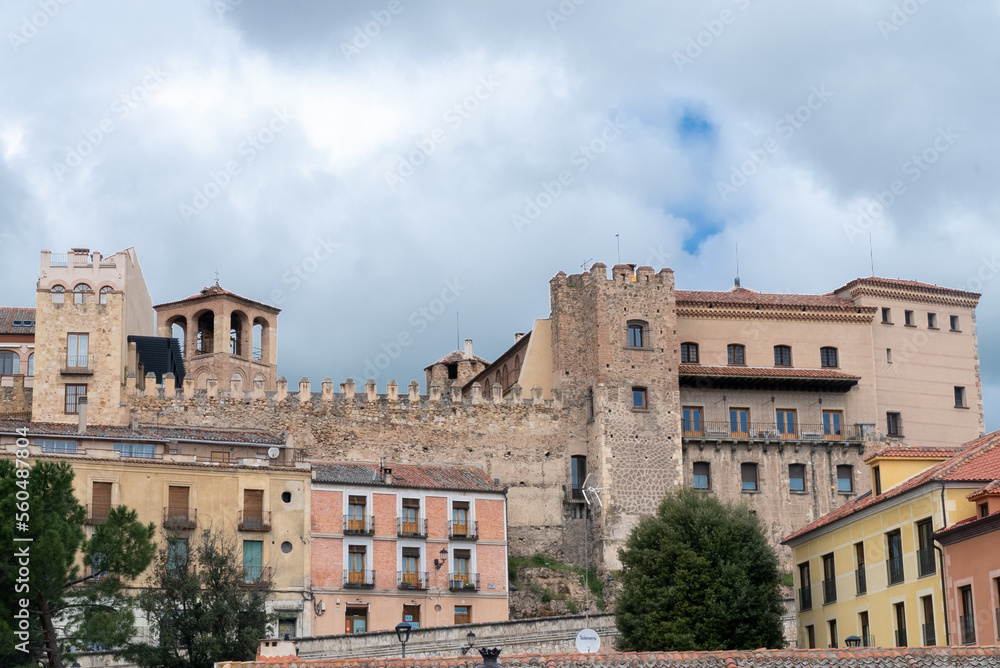 Segovia, España. April 28, 2022: Famous Segovia walls and architecture view.