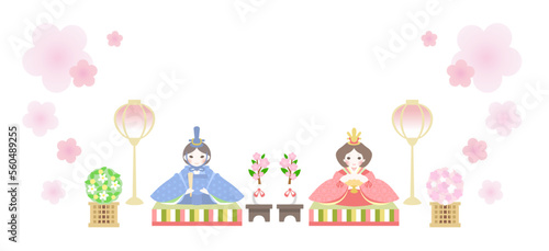パステルカラーのひな祭りのイラスト。ひな人形に桃の花のあしらい。