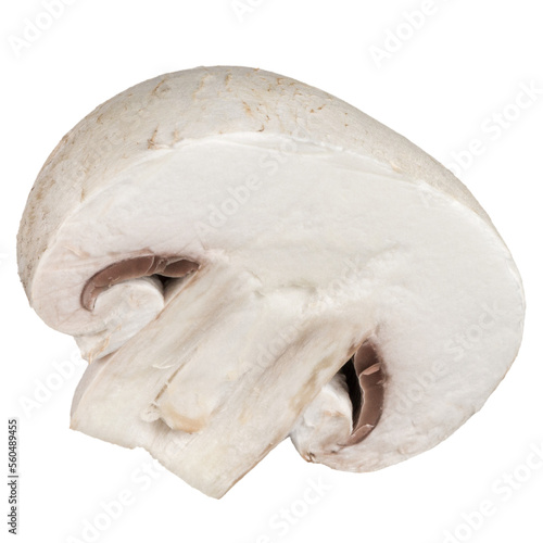 Sliced champignon mushroom isolated on white background without shadow