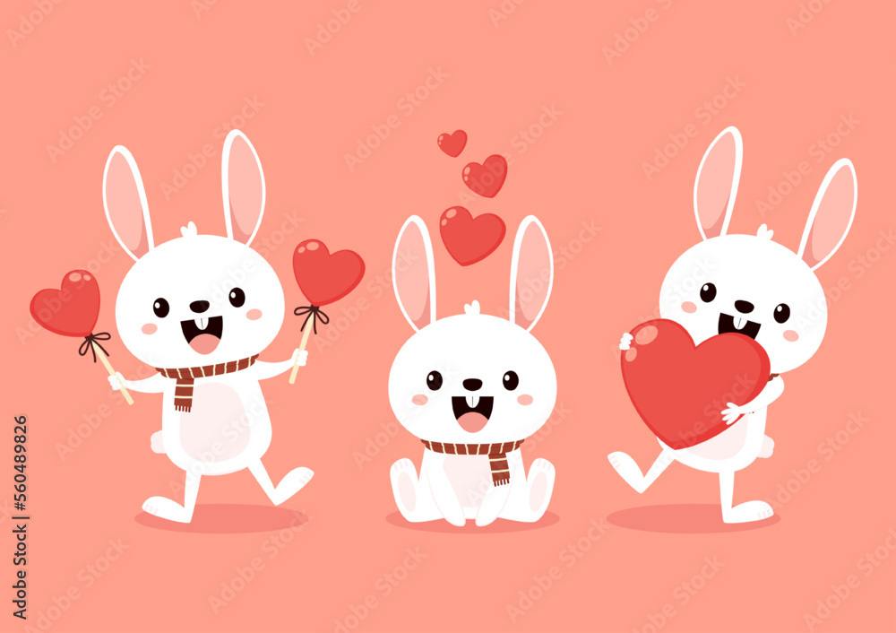 Valentine's day card with Kawaii bunny. Rabbit cartoon vector collection. Animal wildlife character. Small lovely rabbit holds love heart. Valentine's day illustration. Valentine's day card with Kawaii bunny. Rabbit cartoon vector collection. Animal wildlife character. Small lovely rabbit holds love heart. Valentine's day illustration.