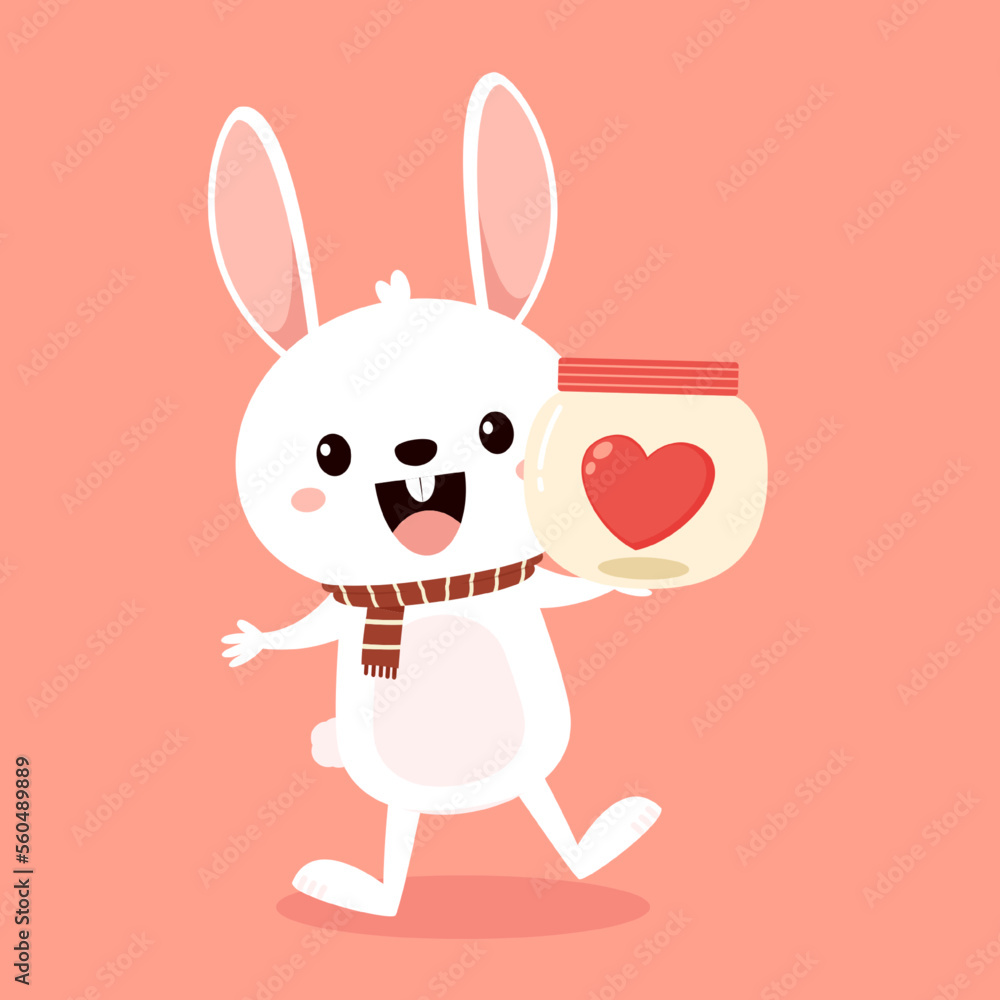 Fototapeta premium Valentine's day card with Kawaii bunny. Rabbit cartoon vector collection. Animal wildlife character. Small lovely rabbit holds love heart. Valentine's day illustration.