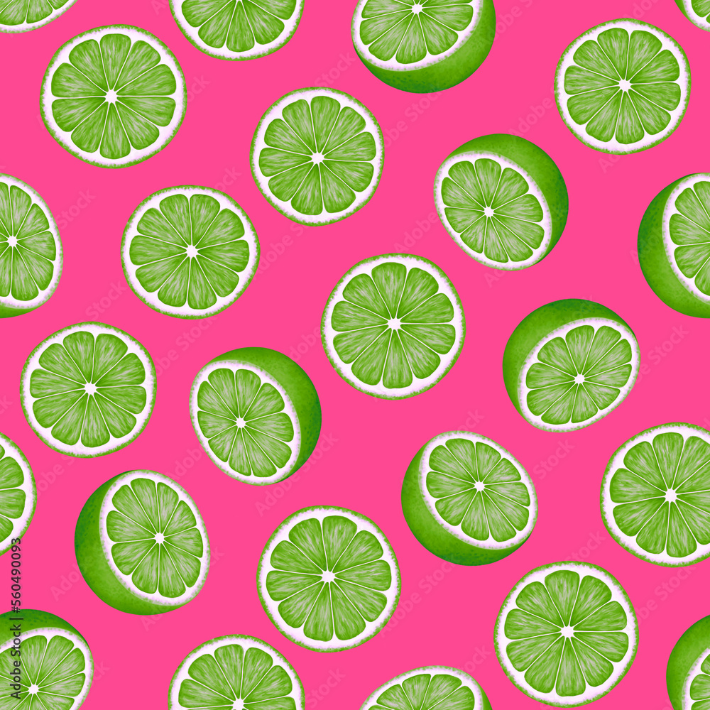Citrus fruit seamless pattern. Colorful vivid print with juicy orange slices. Repeated luxury design for packaging, cosmetic, menu, cafe, textile. Realistic detailed illustration.
