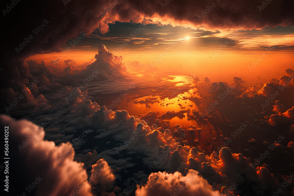 Amazing aerial view of the orange sky, the setting sun, and the clouds. Generative AI