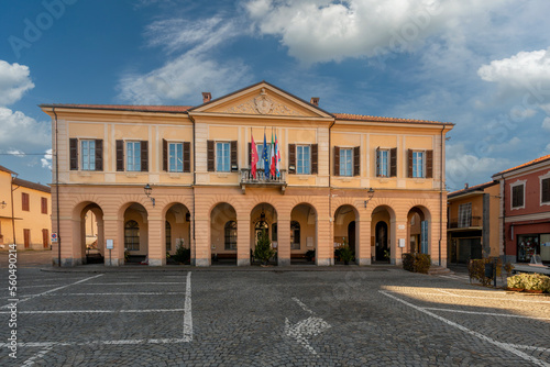 Peveragno, Cuneo, Italy - January 09, 2023: the town hall building in neoclassical style in piazza Pietro Toselli