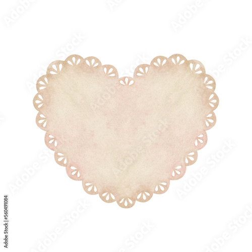 Beige lace doily in the shape of a heart. Place for inscription or text. Watercolor illustration. Isolated on a white background. For design of greeting cards, wedding invitation, for scrapbooking photo