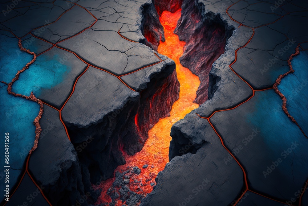magma seeping from a volcano, lava seeping from fissures in the earth