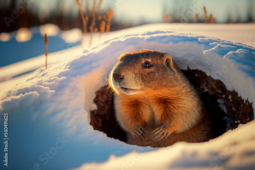Groundhog covered in snow on Groundhog Day. Generative AI Fototapeta