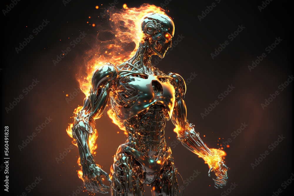 fire robot stand up on dark background (ai generated)