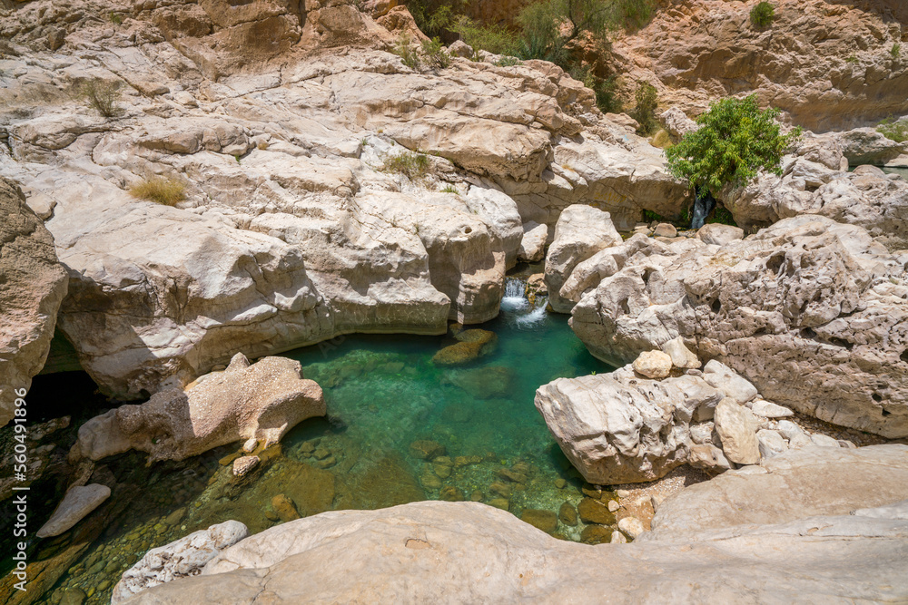 Small narrow white stone gorge with turquoise waters in Wadi Bani Khalid, Oman. Beautiful natural swimming pool in Arabian desert.