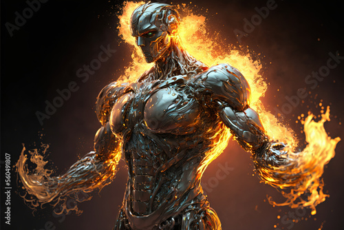 Humanoid robot creation - 3D illustration of science fiction cyborg man forming from molten liquid metal, fire robot (ai generated)