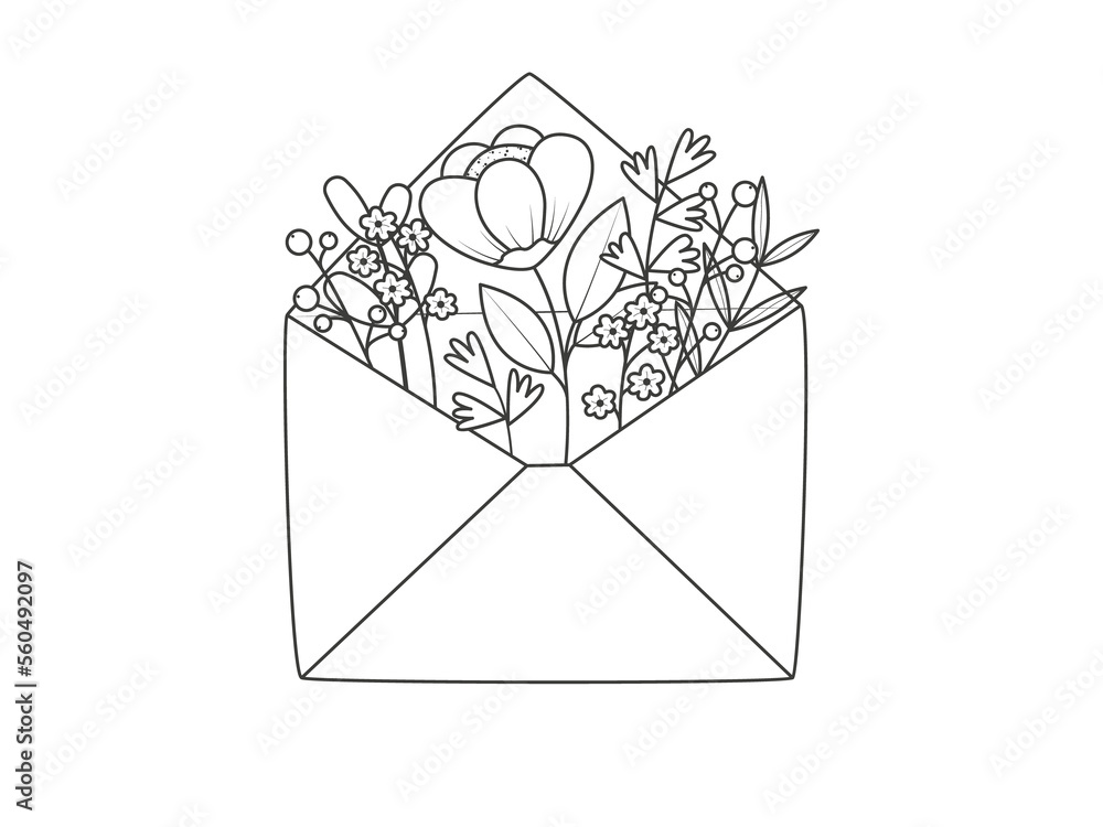 Mail envelope wis a fantasy flowers. Romantic spring message. Illustration on transparent background - obrazy, fototapety, plakaty 
