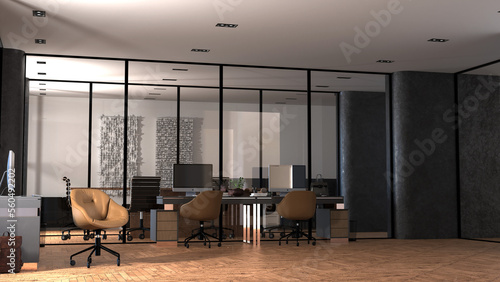 Office Interior - Open space work space with large glass office windows, with multiple recessed downlight interior lights black color decor warm colors with sun coming through the windows