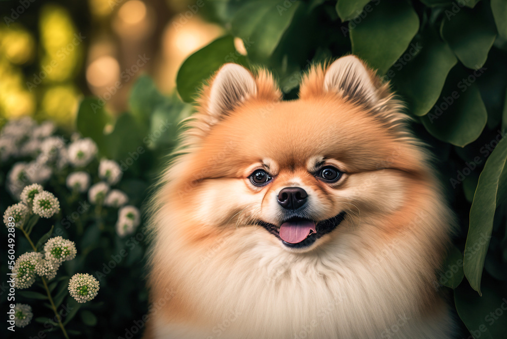 A beautiful close-up portrait of a cute Pomeranian puppy dog, with its fluffy white and brown fur and ears standing at attention. Generative AI. A beautiful close-up portrait of a cute Pomeranian puppy dog, with its fluffy white and brown fur and ears standing at attention. Generative AI.