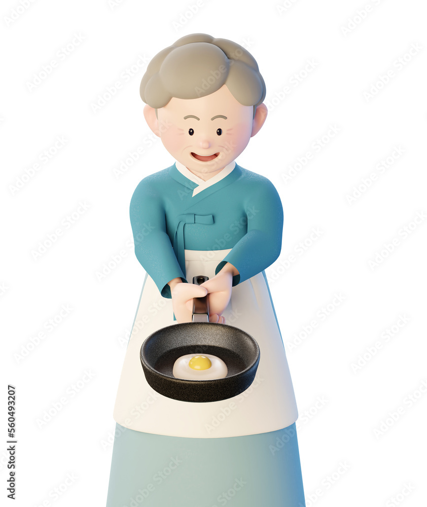 A grandmother's 3d illustration wearing hanbok and apron and making an egg fry with a frying pan. A grandmother's 3d illustration wearing hanbok and apron and making an egg fry with a frying pan.