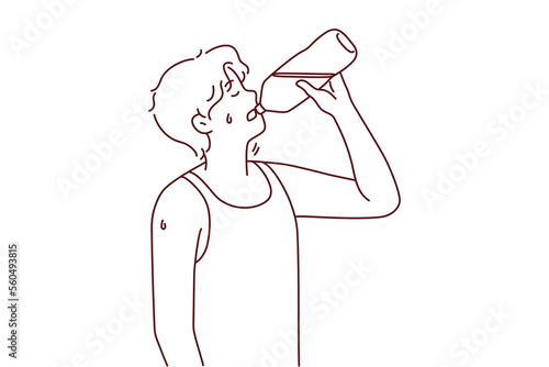 Thirsty young man suffer from heatstroke drinking water from bottle. Guy enjoy clean still liquid struggle with thirst or heat. Vector illustration. 