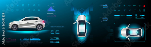 Futuristic car user interface. Smart car panel on HUD digital holographic screen. Vehicle control settings. Electronic control system via navigation panel