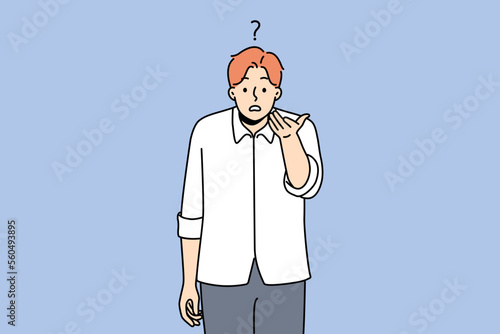 Confused young man look at camera feel frustrated and dissatisfied. Unhappy guy disappointed with information or offer. Vector illustration. 