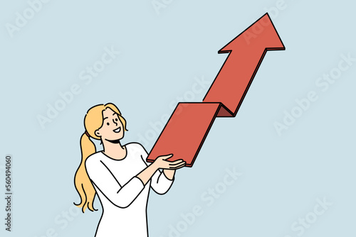 Smiling businesswoman holding arrow facing up. Happy female employee or worker demonstrate progress and success. Vector illustration. 