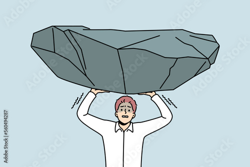 Stressed businessman hold heavy stone suffer from workload. Unhappy distressed male employee struggle with boulder burden, overwhelmed with job. Vector illustration. 