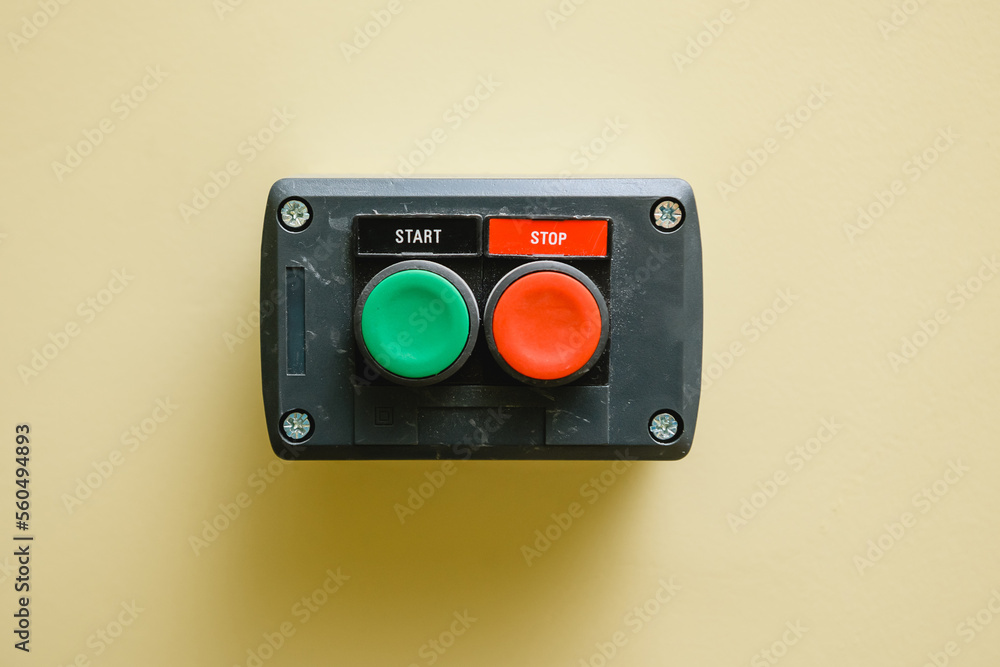 Close-up of start button and stop button . Close-up of start button and stop button .