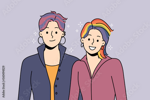 Smiling couple with colorful hair support LGBTQ movement. Happy people in cool funky image stand with LGBT community. Freedom and pride parade. Vector illustration. 