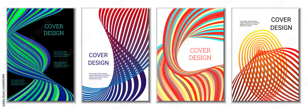 A set of 4 abstract covers. Wavy parallel gradient lines, ribbons evolve. Cover design, background. Trendy banner, poster. A set of 4 abstract covers. Wavy parallel gradient lines, ribbons evolve. Cover design, background. Trendy banner, poster.