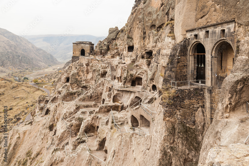 Close-up view of Vardzia caves. Vardzia is a cave monastery site in southern Georgia, excavated from the slopes of the Erusheti Mountain on the left bank of the Kura River.