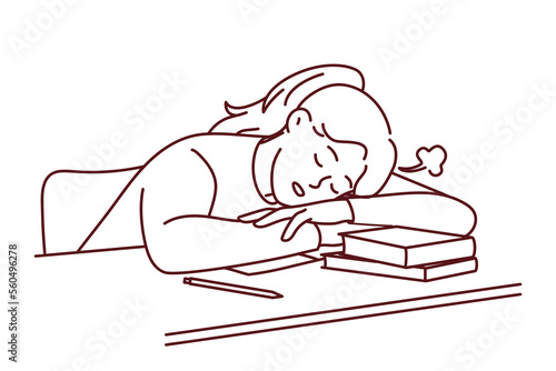 Tired young female student fall asleep on desk distressed with studying. Exhausted girl sleep on table suffer from exhaustion and fatigue learning. Vector illustration. 