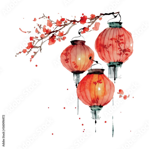 Chinese New Year festive vector card Design on watercolor background Chinese red lanterns