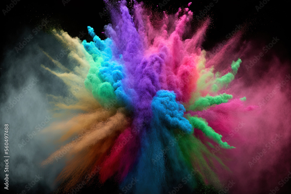 explosion of colored powder against a dark background. cloud with color. Bright dust explodes. Color Holi. Generative AI explosion of colored powder against a dark background. cloud with color. Bright dust explodes. Color Holi. Generative AI