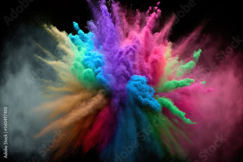 explosion of colored powder against a dark background. cloud with color. Bright dust explodes. Color Holi. Generative AI