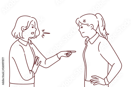 Angry women fighting or quarrelling. Mad furious girls blame each other, making guilty. Anger and misunderstanding. Vector illustration. 