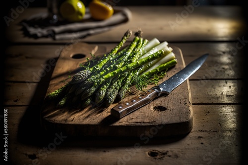 Japanese knives lie asparagus on a light wooden board