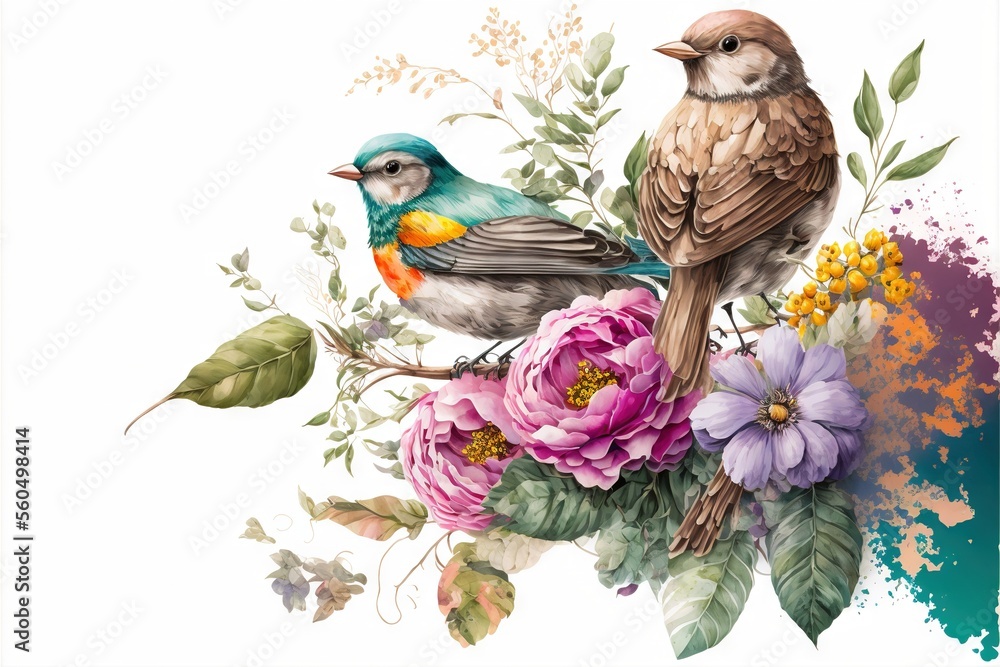 two birds sitting on a branch with flowers and leaves around them ...