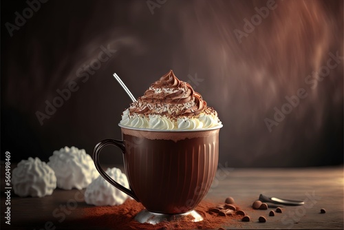  a cup of hot chocolate with whipped cream and a spoon in it on a table with chocolate chips and cocoa powder scattered around it and a dark background with smoke and smothers on.  generative photo