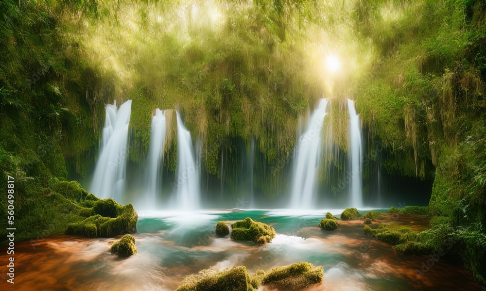 A waterfall in the middle of a jungle. A waterfall in the middle of a jungle.