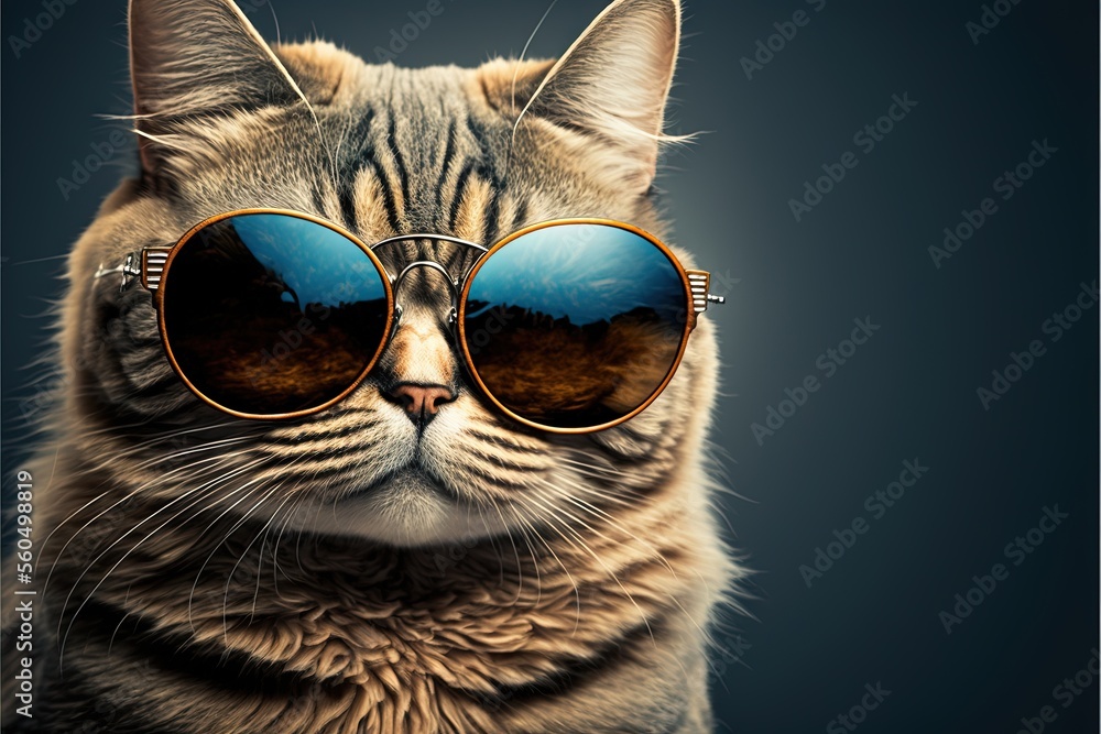 Illustrazione Stock a cat wearing sunglasses with a reflection of a sky ...