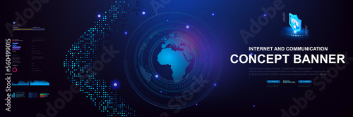 Internet of new generation. Concept banner. Globe with information exchange and internet connection. World Internet networks and communications. Technology cyber background with HUD elements