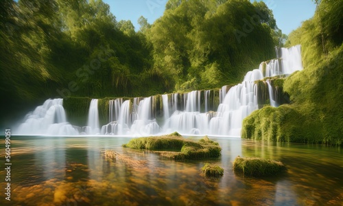 A waterfall in the middle of a jungle. 