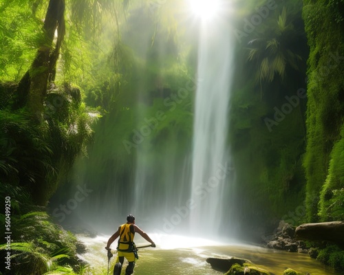 A waterfall in the middle of a jungle. 