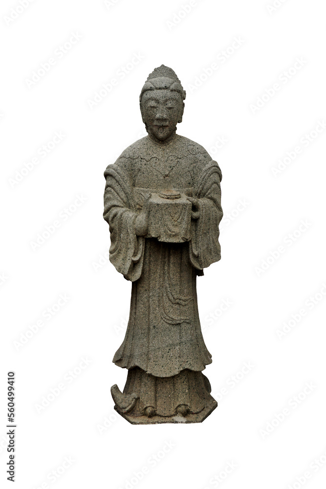 Granite carved antique Chinese woman holding a box isolated on white background. Ancient Stone Chinese woman sculpture in Wat Pho temple in Bangkok, Thailand. 