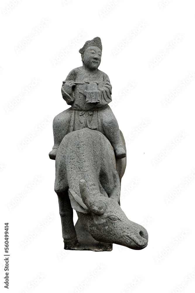 Granite carved antique 
Chinese man riding a buffalo isolated on white background. Ancient Stone Chinese man sculpture in Wat Pho temple in Bangkok, Thailand. 