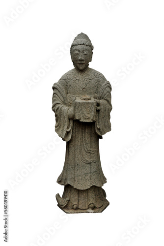 Granite carved antique Chinese woman holding a box isolated on white background. Ancient Stone Chinese woman sculpture in Wat Pho temple in Bangkok, Thailand. 