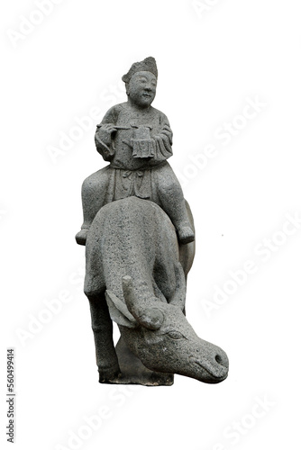 Granite carved antique  Chinese man riding a buffalo isolated on white background. Ancient Stone Chinese man sculpture in Wat Pho temple in Bangkok  Thailand. 