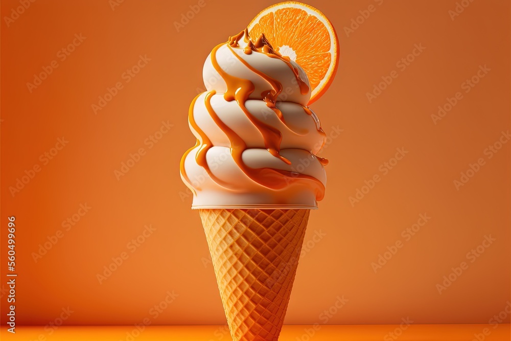 an orange ice cream cone with a slice of orange on top of it, on an
